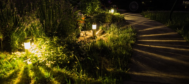 Prachtige, smalle tuin met verlichting